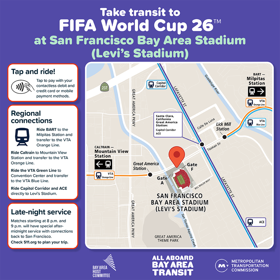 A map depicting transit routes to Levi's Stadium for FIFA World Cup