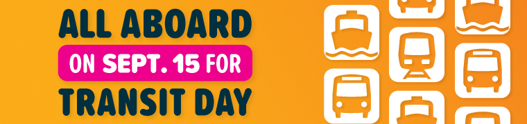 A graphic with transit modal icons and "All Aboard on Sept. 15 for Transit Day" text