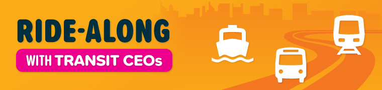 A graphic showing a ferry, bus and train modal icons with "Ride-along with transit CEOs" text next to it.